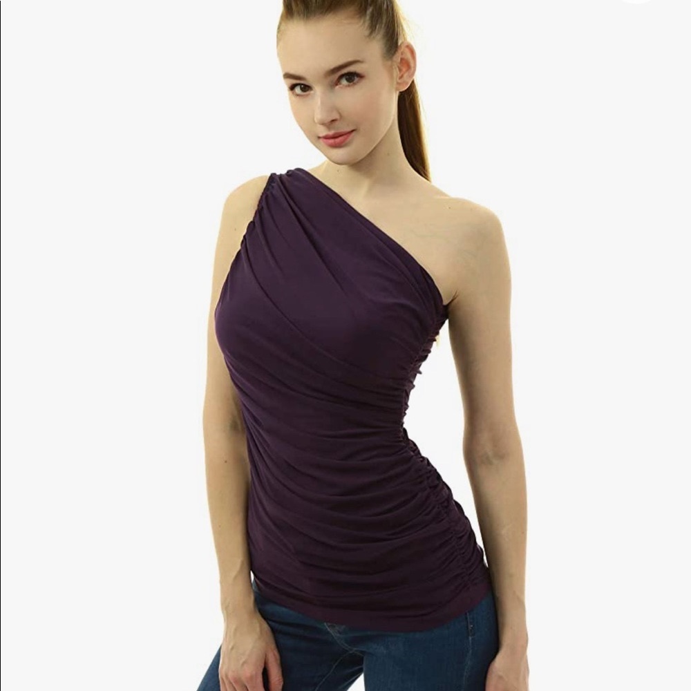 5/25 SALE 🌸🌸🌸Women One Shoulder Sleeveless Ruched Fold High Low Hem Blouse